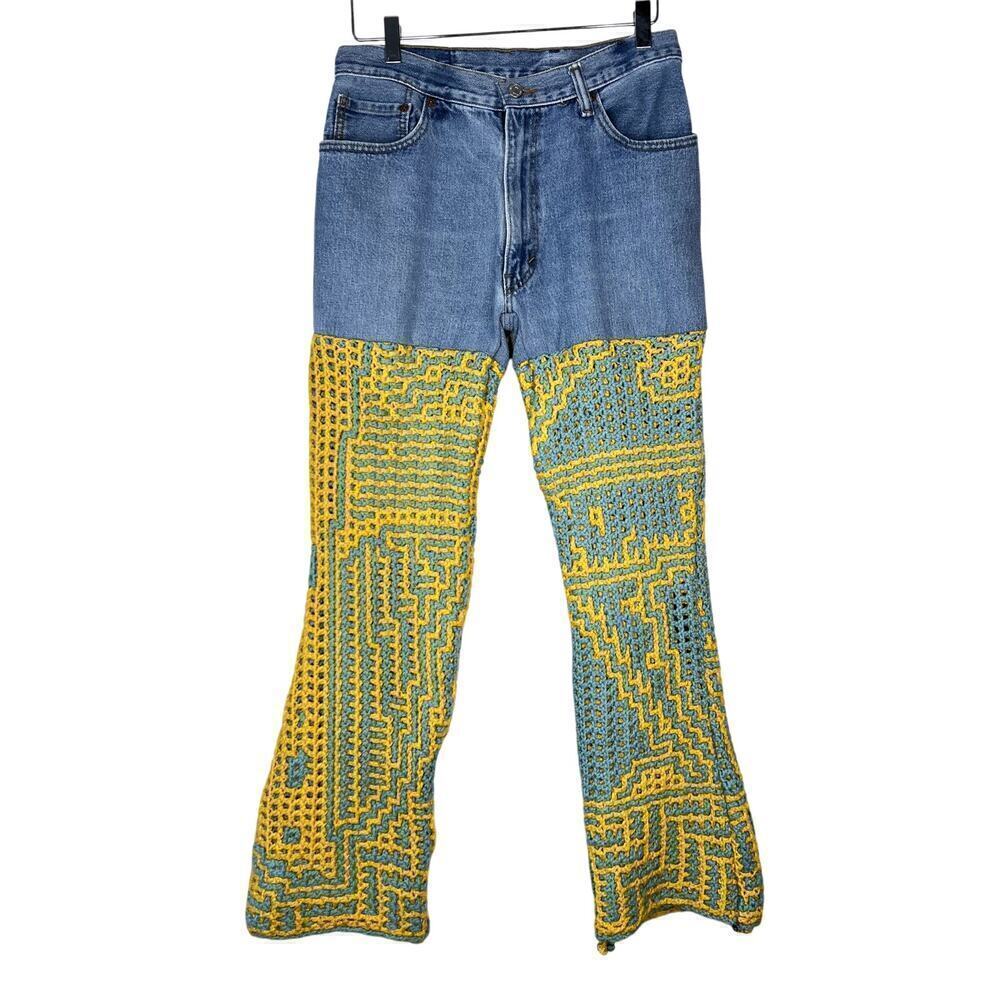 Levi's Custom Light Wash Denim Jeans with Crochet Pant Legs Blue Yellow 30